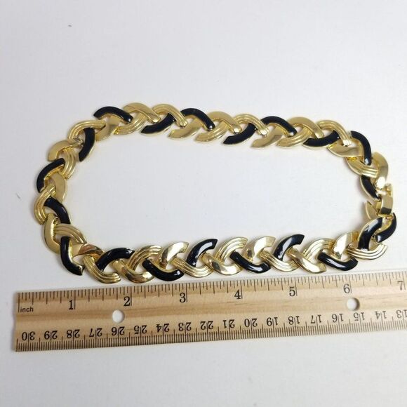Vintage Gold Tone and Black Enamel Chunky Link Collar Necklace, 80s Style - Picture 5 of 8